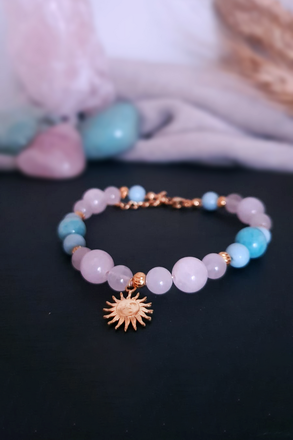 Détails bracelet lithothérapie amazonite quartz rose acier doré pendentif soleil