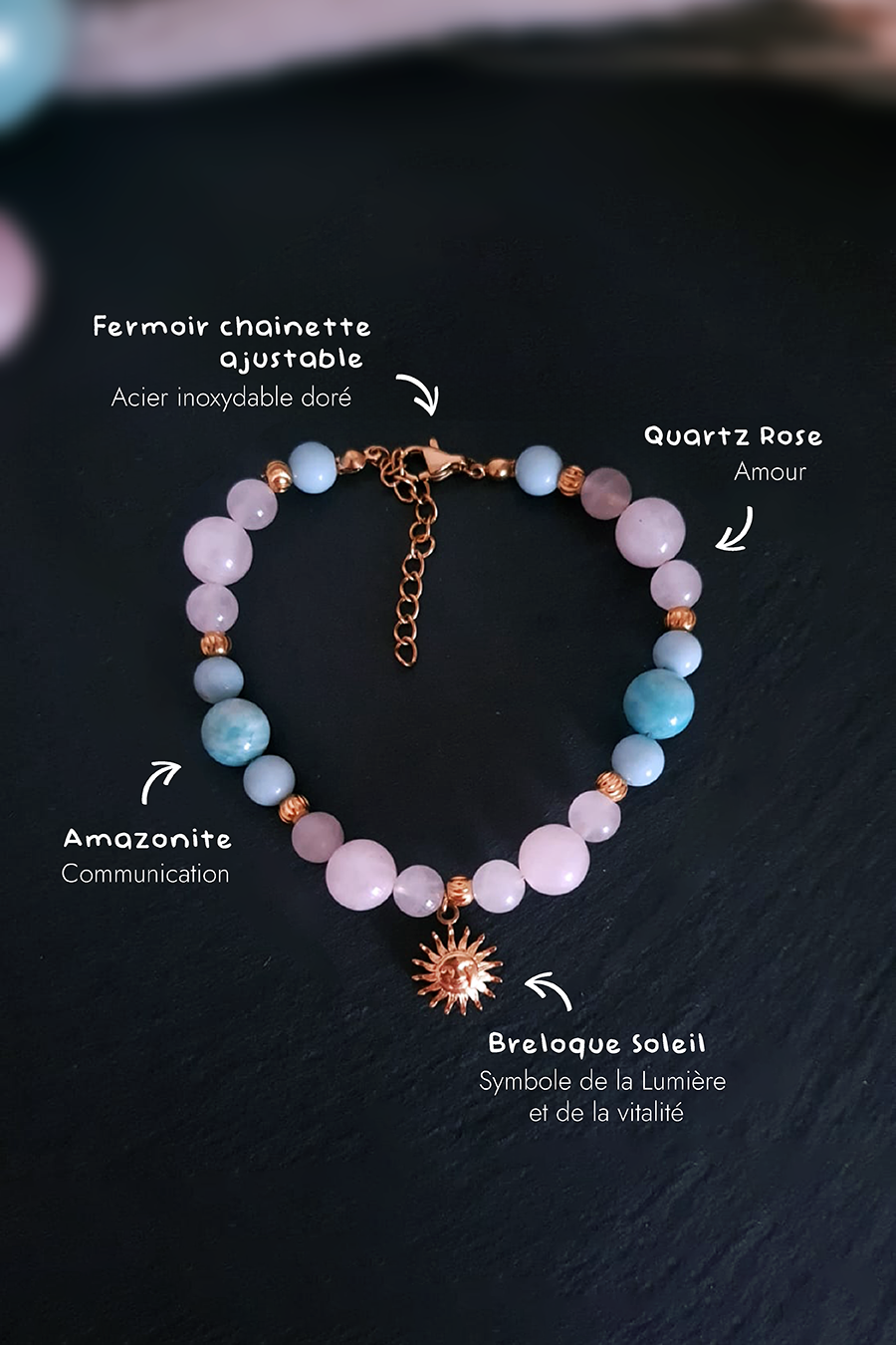 Bracelet lithothérapie amazonite quartz rose acier doré pendentif soleil