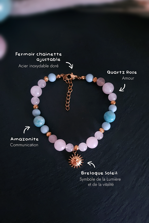 Bracelet lithothérapie amazonite quartz rose acier doré pendentif soleil
