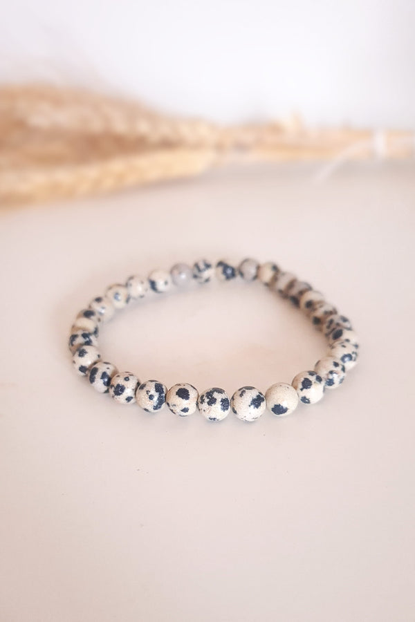Bracelet Jaspe Dalmatien 6mm pierres roulées tachetées lithothérapie - Pierre sommeil paisible optimisme imagination