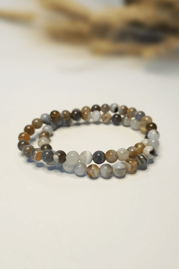 Bracelet Agate Botswana perles bandées rose poudré gris perle - Pierre Botswana rare stress psychique joie vivre